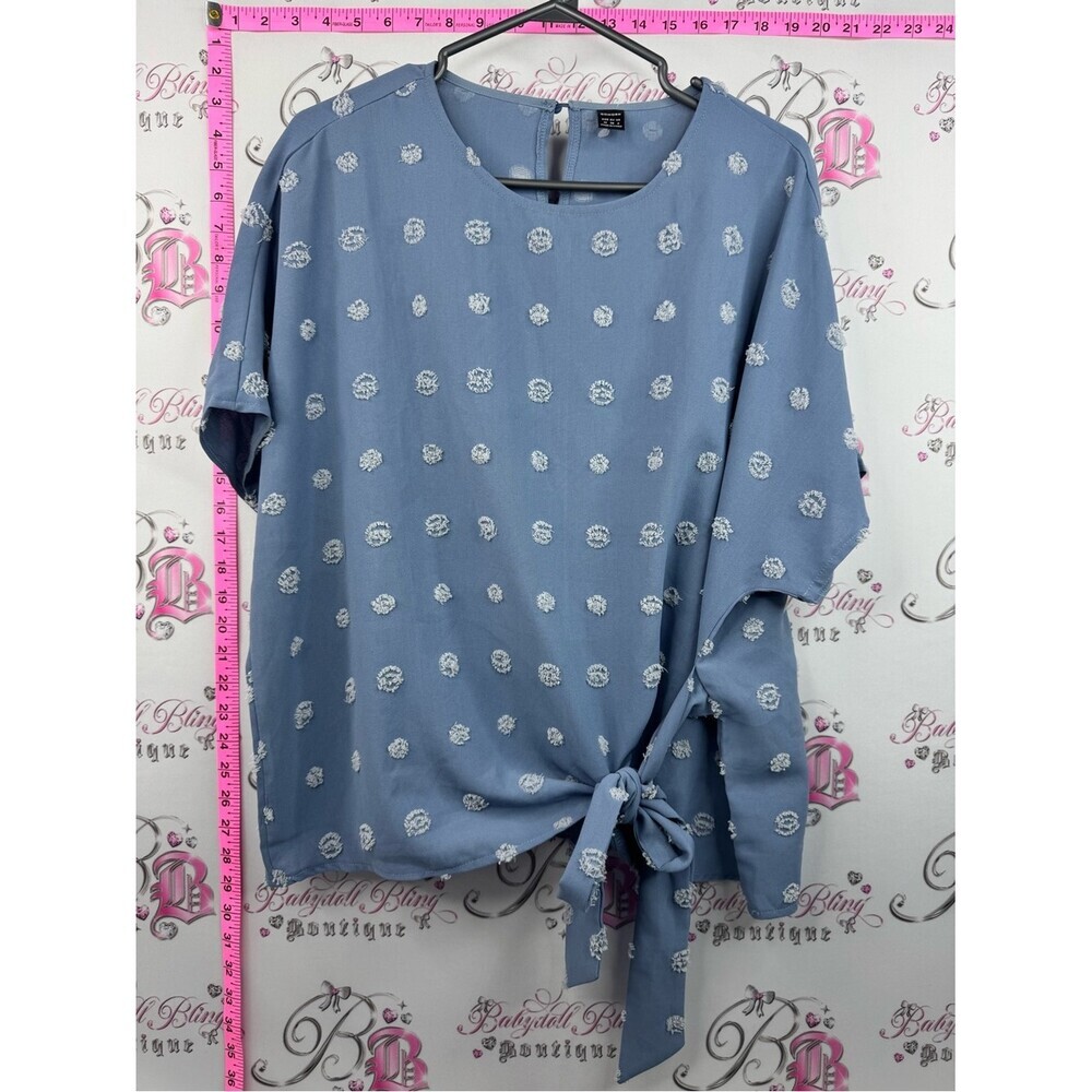 Gomorn shirt dotted polka dot tie up bow Blue Dot Tie-Front Blouse for Women
